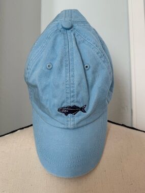 Light blue hat, with navy blue fish embroidery